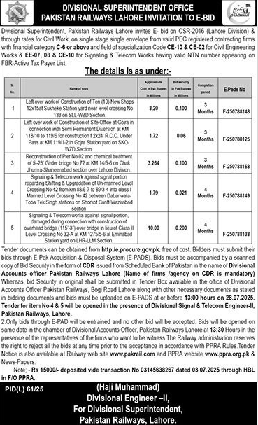 Pakistan Railways Lahore Tender Notice